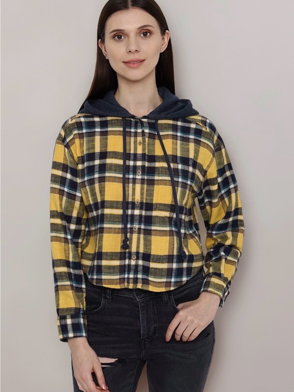 American Eagle Outfitters Plaid Hooded Button-Down Cozy Cabin Cropped